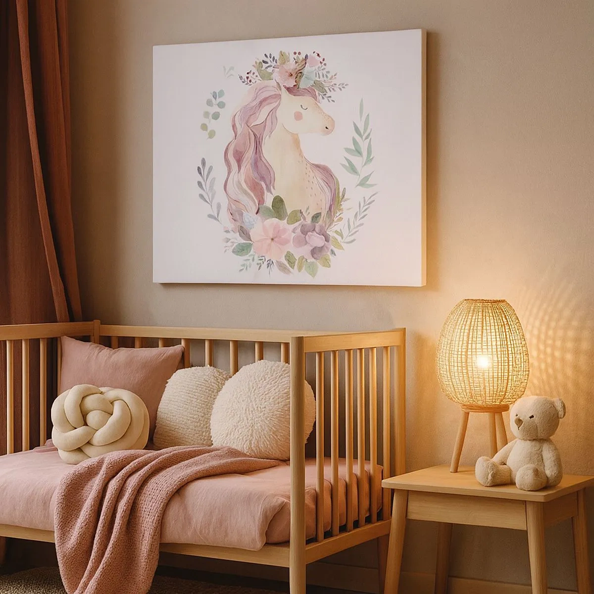 Bild auf Leinwand - Leinwandbild - Ein Einhorn in Pastellfarben, umgeben von Blumen - 70x50cm - Eine Einladung in die Welt der Märchen - Moderne Wanddekoration für Wohnzimmer und Schlafzimmer ARTTOR