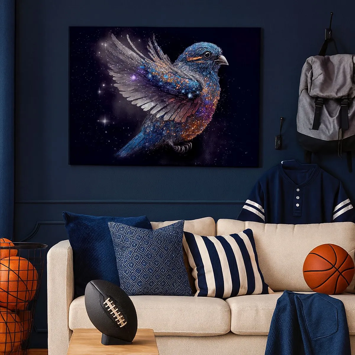 Bild auf Leinwand - Leinwandbild - Ein Spatz im Space-Age-Stil mit Diamantglanz - 70x50cm - Diamantsperling - Moderne Wanddekoration für Wohnzimmer und Schlafzimmer ARTTOR