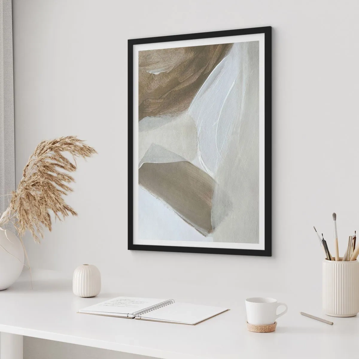 Poster in einem schwarzem Rahmen - Minimalistische Abstraktion in Beigetönen - 50x70cm - Welle aus Weiß - Moderne Wanddekoration für Wohnzimmer und Schlafzimmer ARTTOR