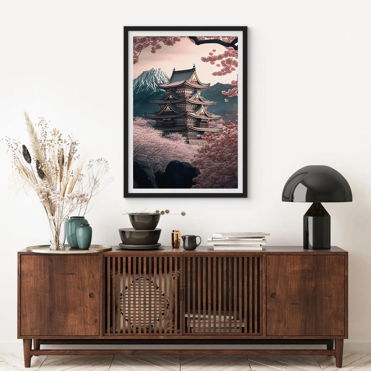 Poster in einem schwarzem Rahmen - Japanische Pagode zwischen Kirschblüten - 50x70cm - Land der Kirschblüten - Moderne Wanddekoration für Wohnzimmer und Schlafzimmer ARTTOR