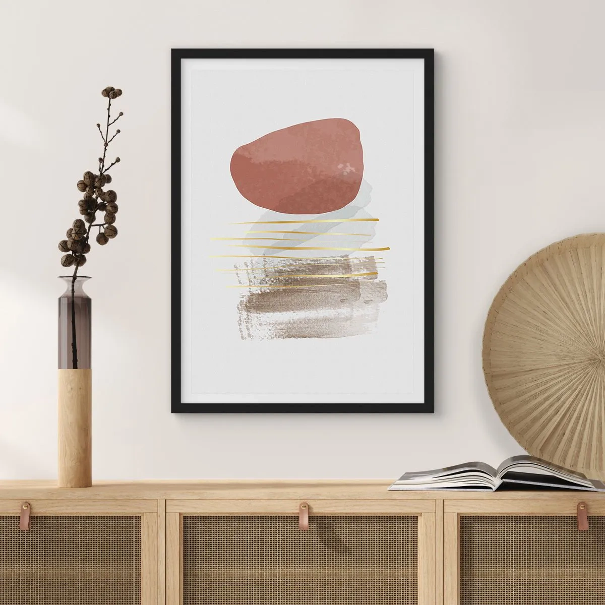 Poster in einem schwarzem Rahmen - Minimalistische Abstraktion mit geometrischen Formen und goldenen Linien - 50x70cm - Abstrakte Kolonnade - Moderne Wanddekoration für Wohnzimmer und Schlafzimmer ARTTOR