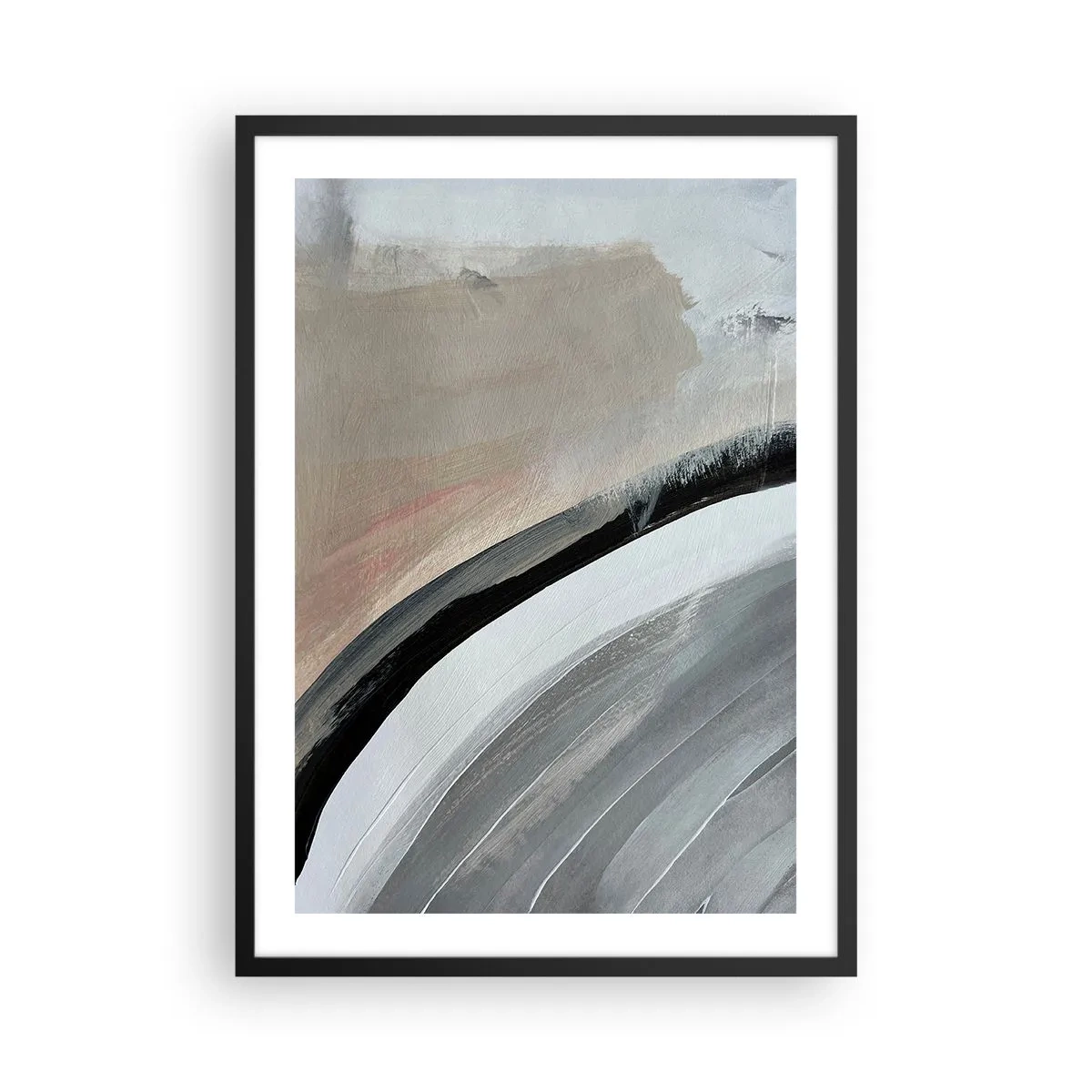 Poster in einem schwarzem Rahmen - Abstrakte Komposition mit Linien in Grau- und Beigetönen. - 50x70cm - Komposition: Bogen aus Schwarz und Grau - Moderne Wanddekoration für Wohnzimmer und Schlafzimmer ARTTOR