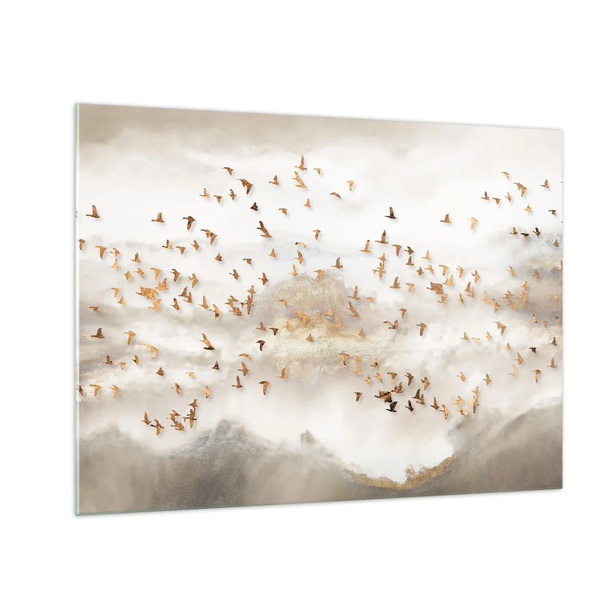 Glasbild - Bild auf glas - Ein Vogelschwarm fliegt über eine neblige Landschaft - 70x50cm - Es ist schon die Zeit… - Moderne Wanddekoration für Wohnzimmer und Schlafzimmer ARTTOR