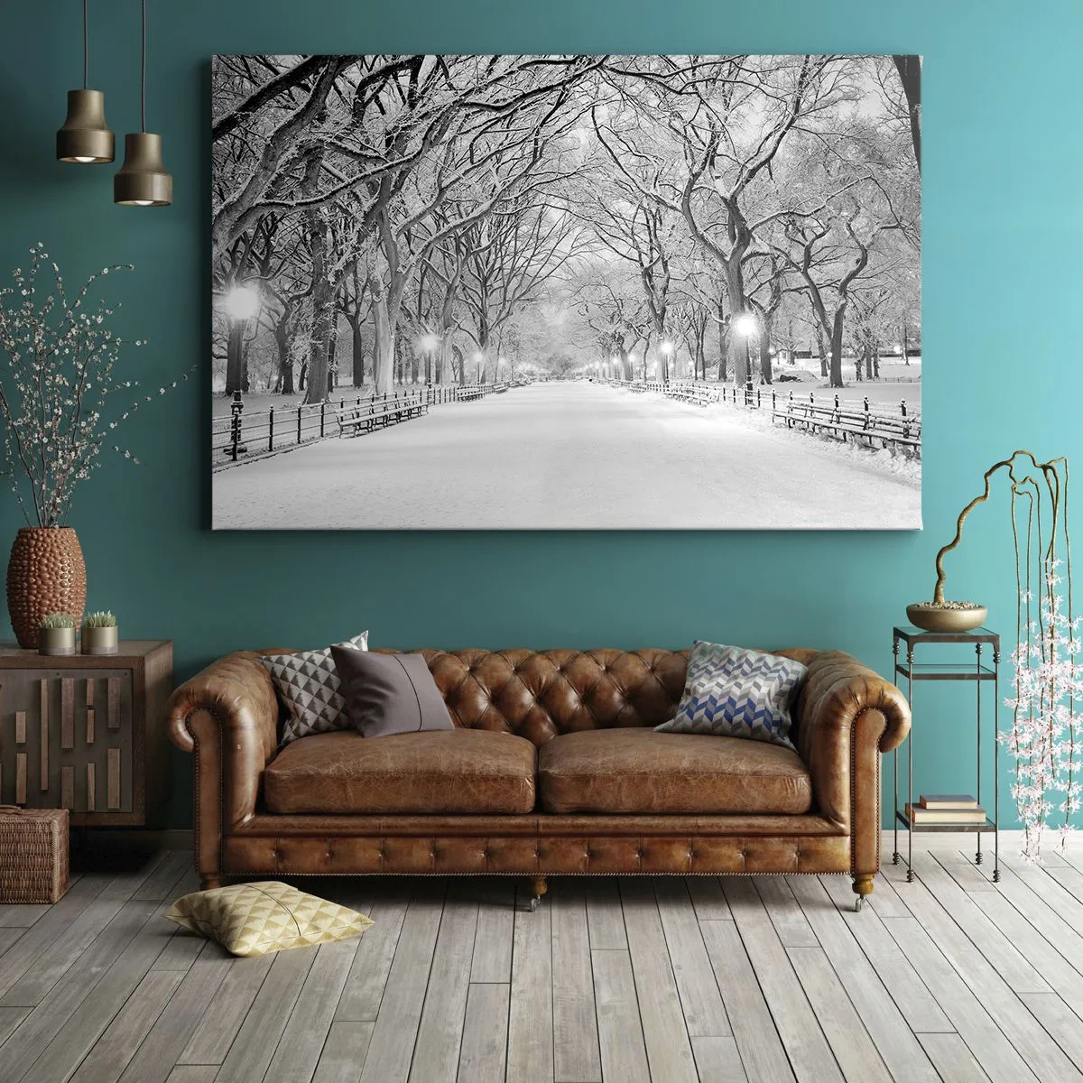 Bild auf Leinwand - Leinwandbild - Eine Winterallee mit schneebedeckten Bäumen in Monochrom - 70x50cm - Vier Jahreszeiten - Winter - Moderne Wanddekoration für Wohnzimmer und Schlafzimmer ARTTOR