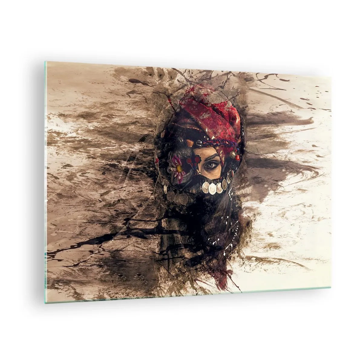 Glasbild - Bild auf glas - Porträt einer geheimnisvollen Frau mit rotem Turban - 70x50cm - Gelinde gesagt besorgniserregend - Moderne Wanddekoration für Wohnzimmer und Schlafzimmer ARTTOR