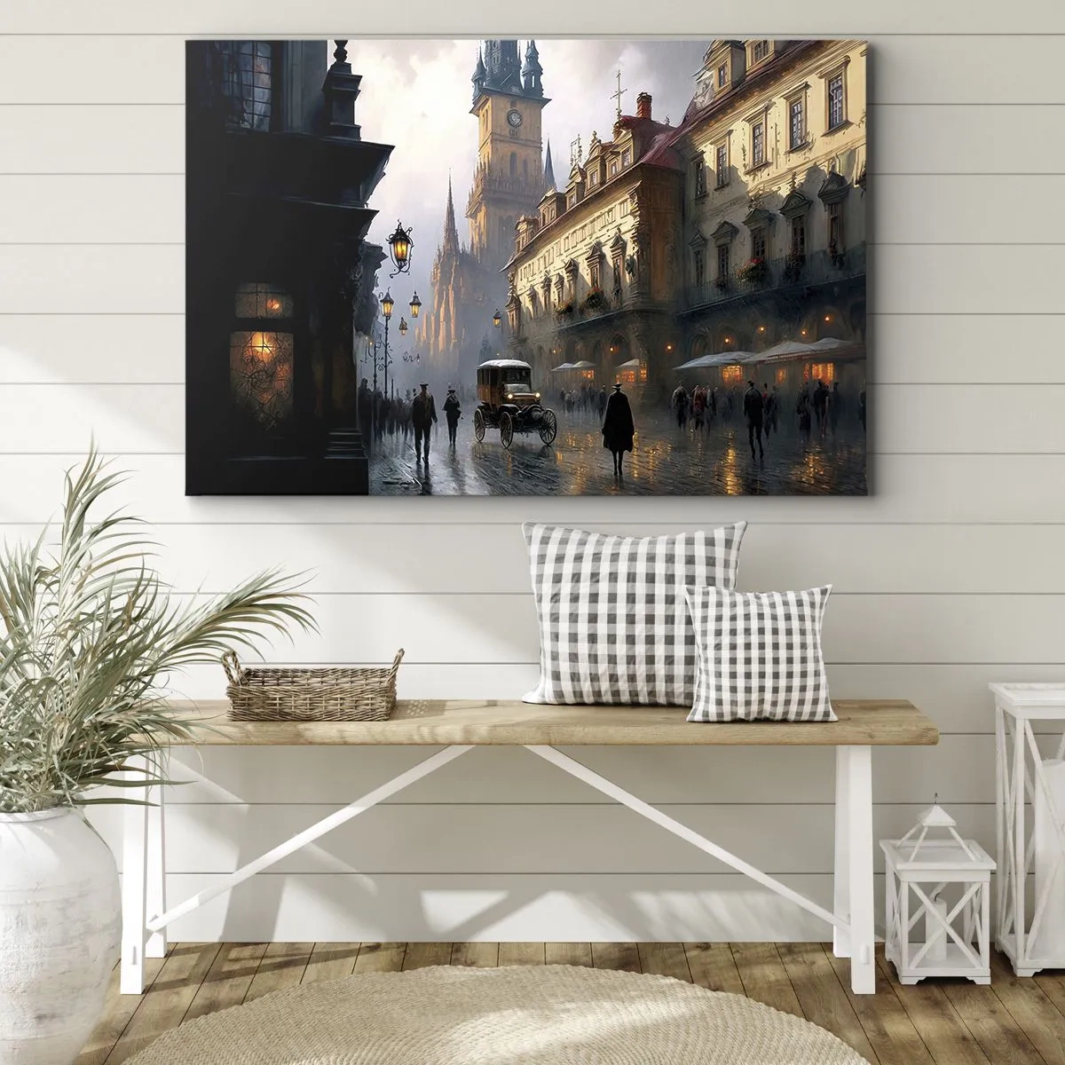 Bild auf Leinwand - Leinwandbild - Abendliche Straßenszene mit historischer Architektur - 70x50cm - Charme eines Prager Abends - Moderne Wanddekoration für Wohnzimmer und Schlafzimmer ARTTOR