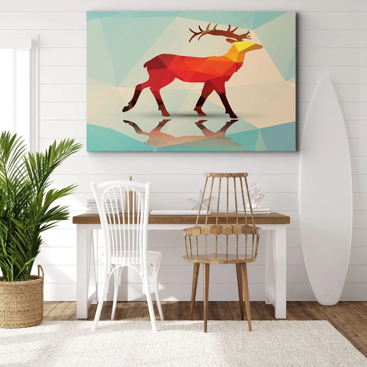Bild auf Leinwand - Leinwandbild - Geometrische Silhouette eines Hirsches in Rot- und Orangetönen - 70x50cm - Geometrischer Hirsch - Moderne Wanddekoration für Wohnzimmer und Schlafzimmer ARTTOR