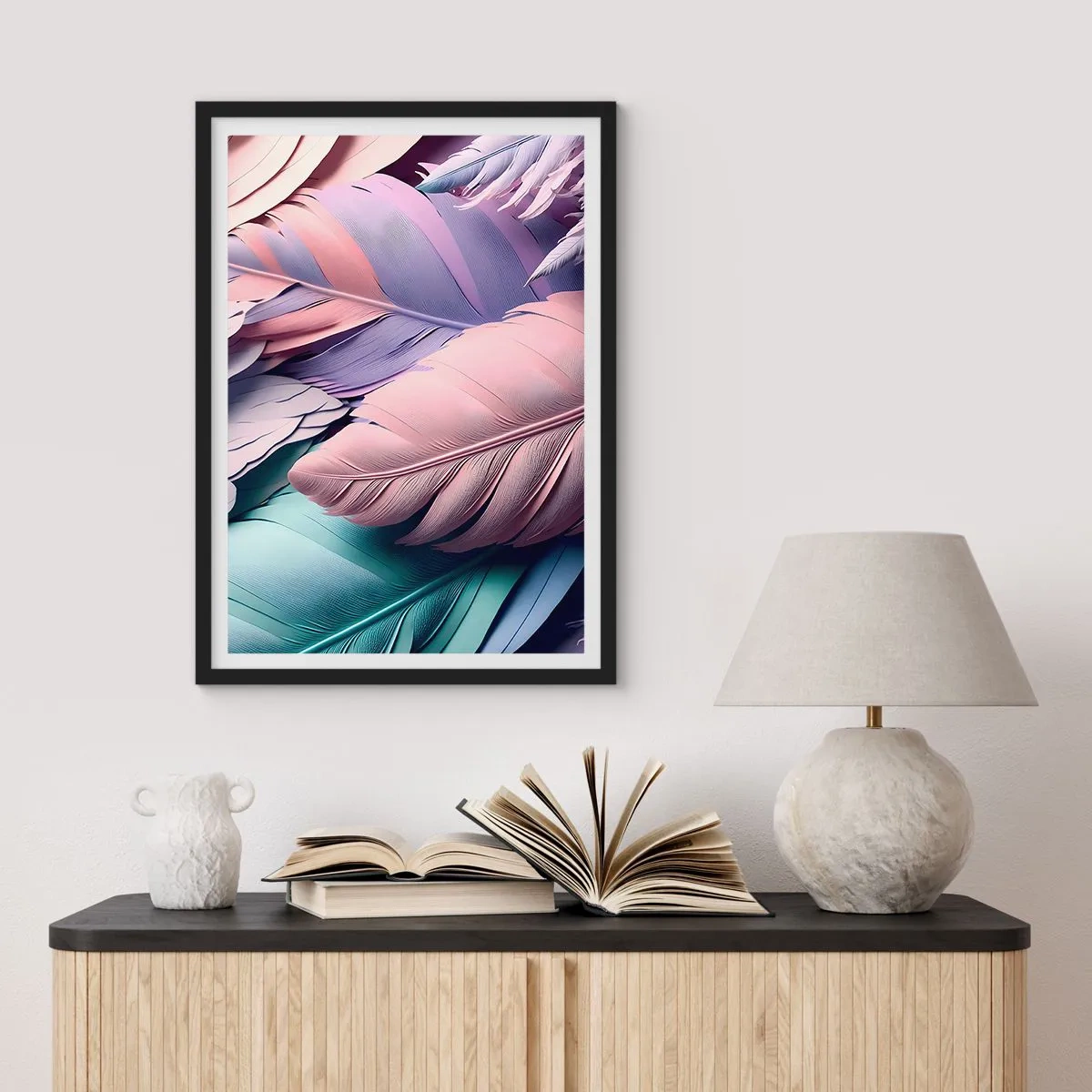 Poster in einem schwarzem Rahmen - Pastellfarbene Federn in zarten Farbtönen - 50x70cm - Vogel-Chic - Moderne Wanddekoration für Wohnzimmer und Schlafzimmer ARTTOR