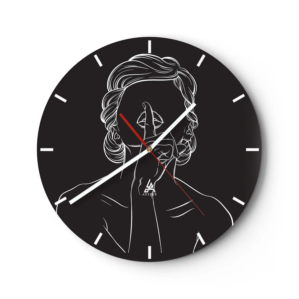 Wanduhr - Glasuhr - Der weiße Umriss einer Frau mit dem Finger vor dem Mund auf schwarzem Hintergrund. - 30x30cm - Schönheit erblüht in der Stille - Moderne Wanddekoration für Wohnzimmer, Küche und Schlafzimmer ARTTOR