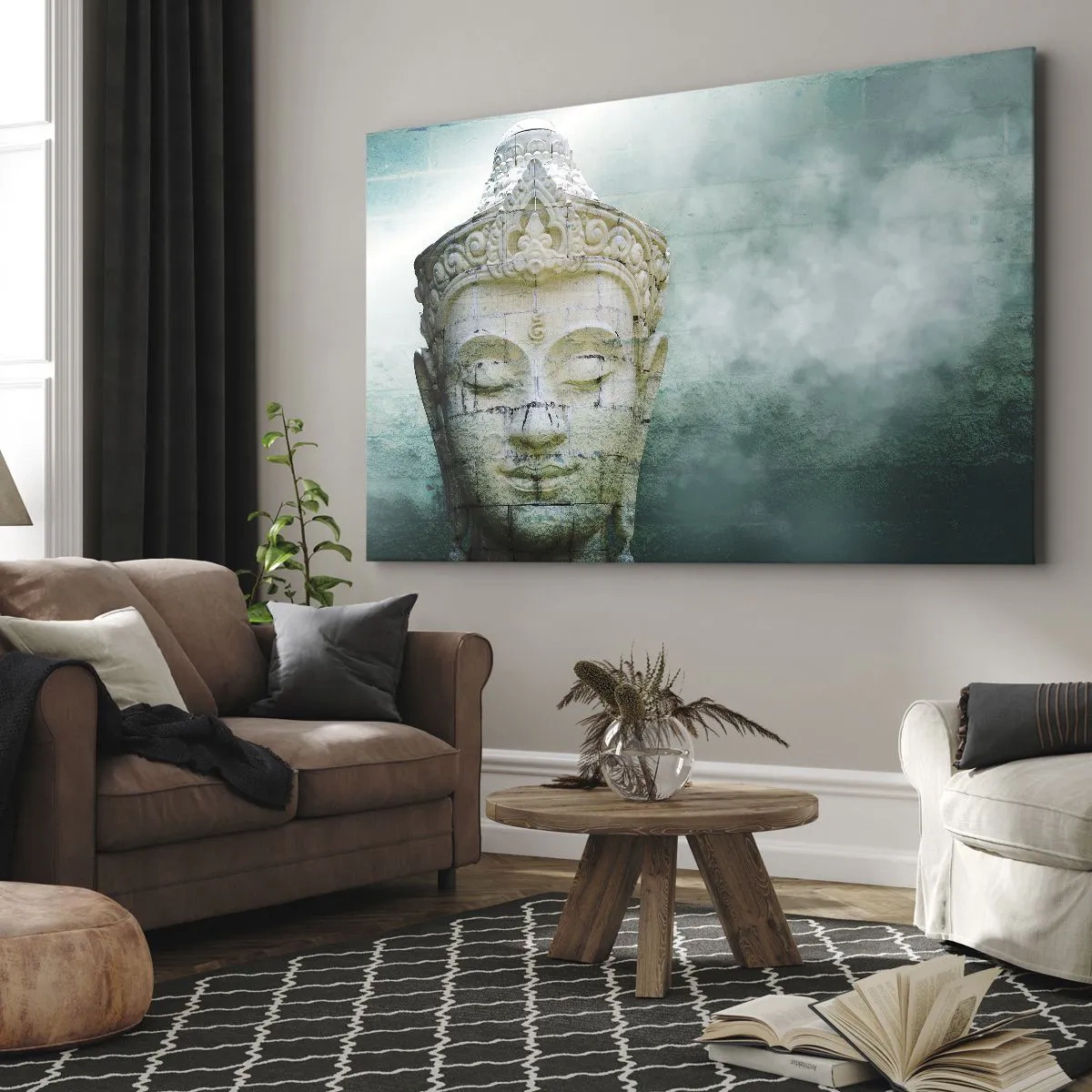 Bild auf Leinwand - Leinwandbild - Buddha-Statue mit sanftem Nebel vor grünem Hintergrund - 70x50cm - Auf der Suche nach dem Licht - Moderne Wanddekoration für Wohnzimmer und Schlafzimmer ARTTOR