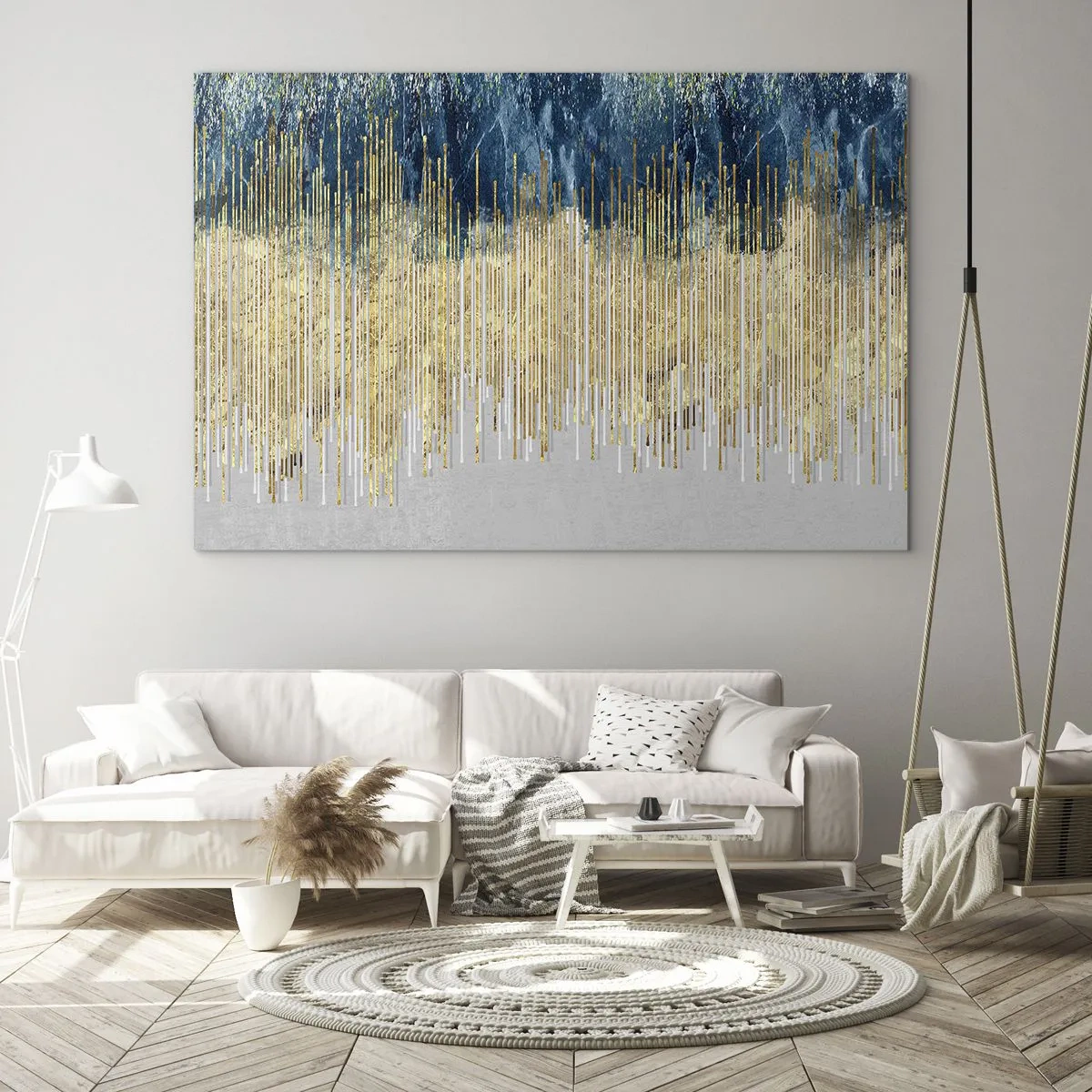 Glasbild - Bild auf glas - Goldene vertikale Linien vor einem dunkelblauen Waldhintergrund - 70x50cm - Vergoldete Grenze - Moderne Wanddekoration für Wohnzimmer und Schlafzimmer ARTTOR