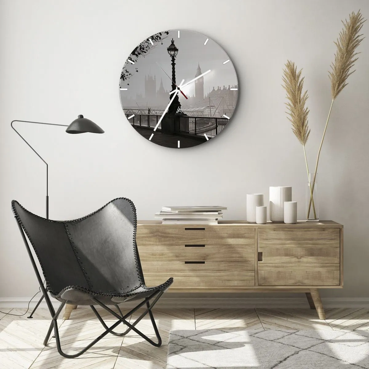 Wanduhr - Glasuhr - Ein Leuchtturm an der Themse mit der Skyline von London im Hintergrund - 30x30cm - Londoner Morgen - Moderne Wanddekoration für Wohnzimmer, Küche und Schlafzimmer ARTTOR