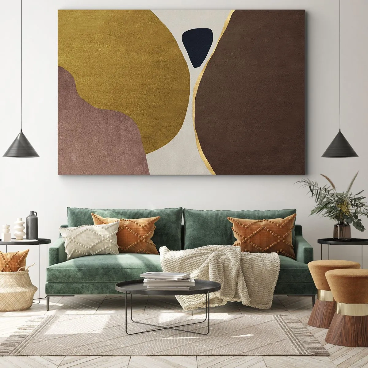 Bild auf Leinwand - Leinwandbild - Eine abstrakte Komposition mit geometrischen Formen in warmen Farben. - 70x50cm - Abstraktion – ein Ort im Raum - Moderne Wanddekoration für Wohnzimmer und Schlafzimmer ARTTOR