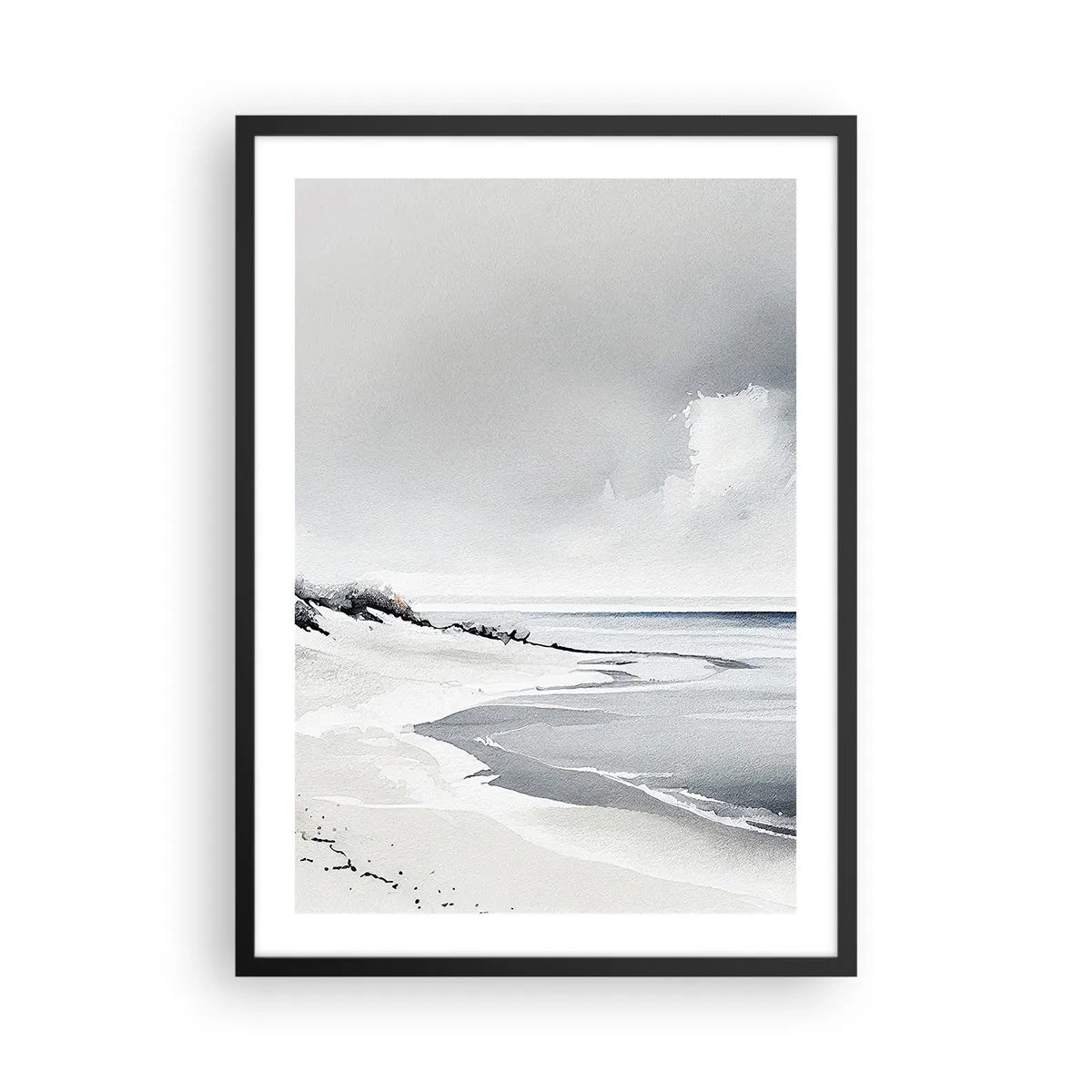 Poster in einem schwarzem Rahmen - Ein minimalistischer Strand in Grautönen - 50x70cm - Für immer zusammen - Moderne Wanddekoration für Wohnzimmer und Schlafzimmer ARTTOR