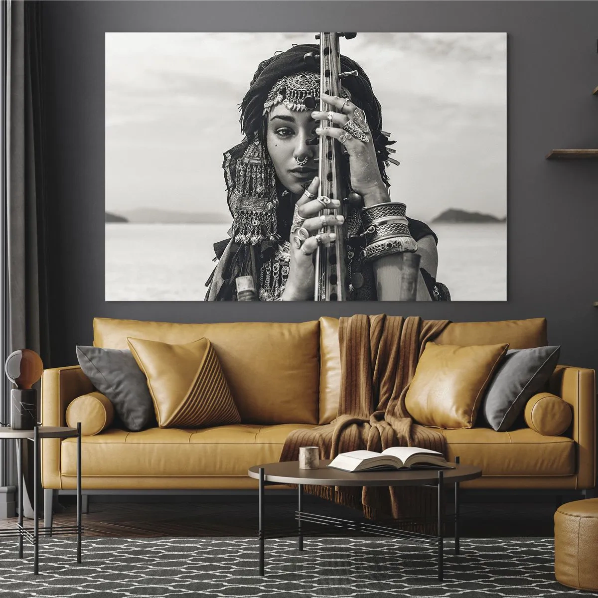 Glasbild - Bild auf glas - Frau mit orientalischem Schmuck und einem Instrument - 70x50cm - Die Musik des Orients selbst - Moderne Wanddekoration für Wohnzimmer und Schlafzimmer ARTTOR