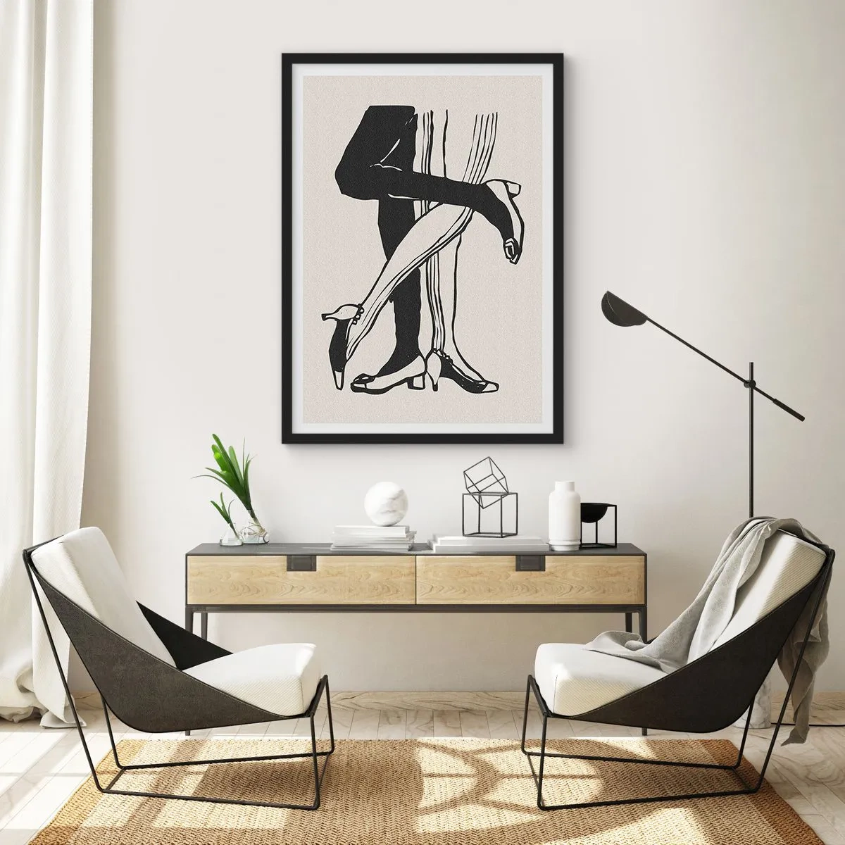 Poster in einem schwarzem Rahmen - Schwarz-Weiß-Illustration von ineinander verschlungenen Beinen beim Tanzen - 50x70cm - Weibliches Attribut - Moderne Wanddekoration für Wohnzimmer und Schlafzimmer ARTTOR
