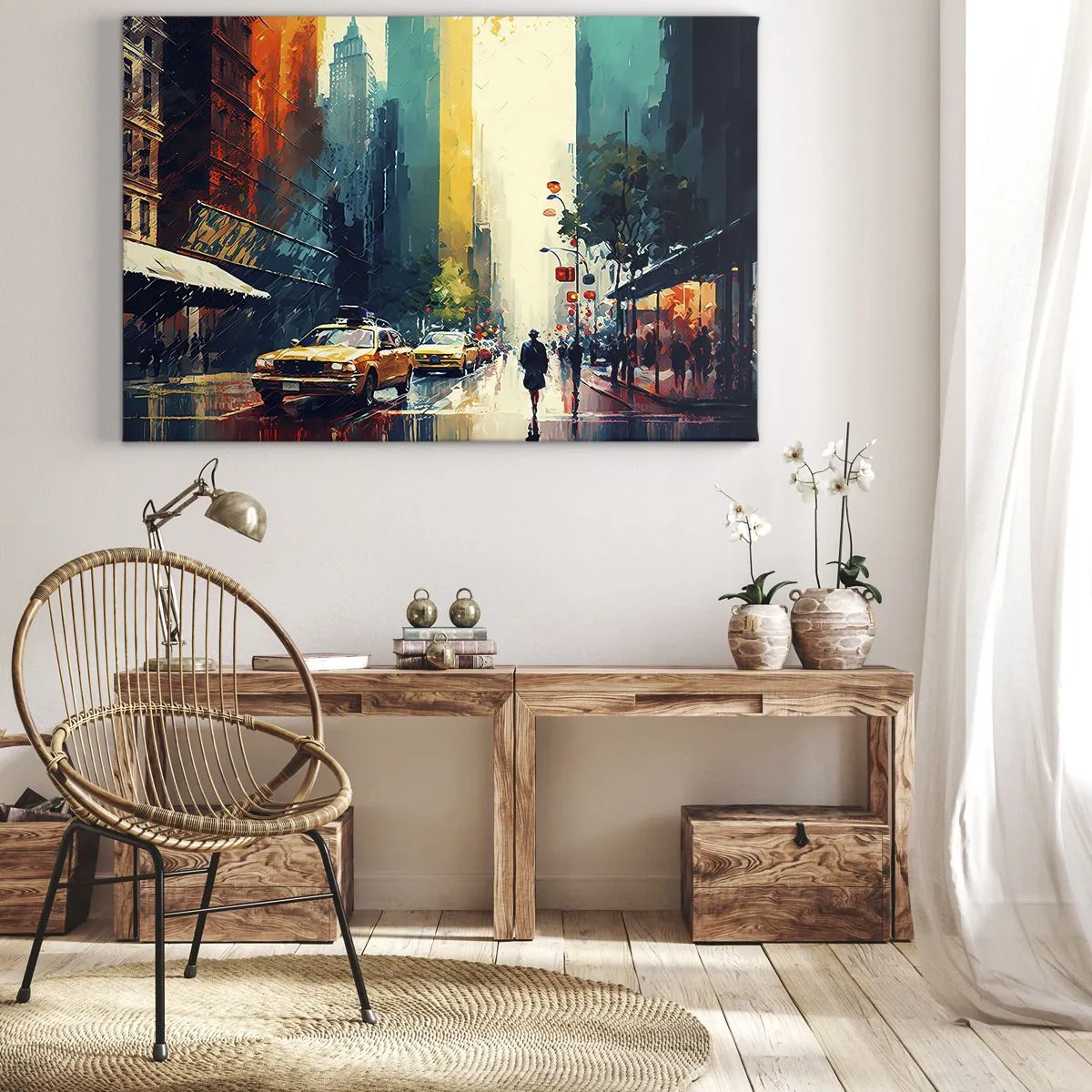 Bild auf Leinwand - Leinwandbild - Eine geschäftige Stadt mit Taxis und Passanten - 70x50cm - New York – selbst der Regen ist hier bunt - Moderne Wanddekoration für Wohnzimmer und Schlafzimmer ARTTOR
