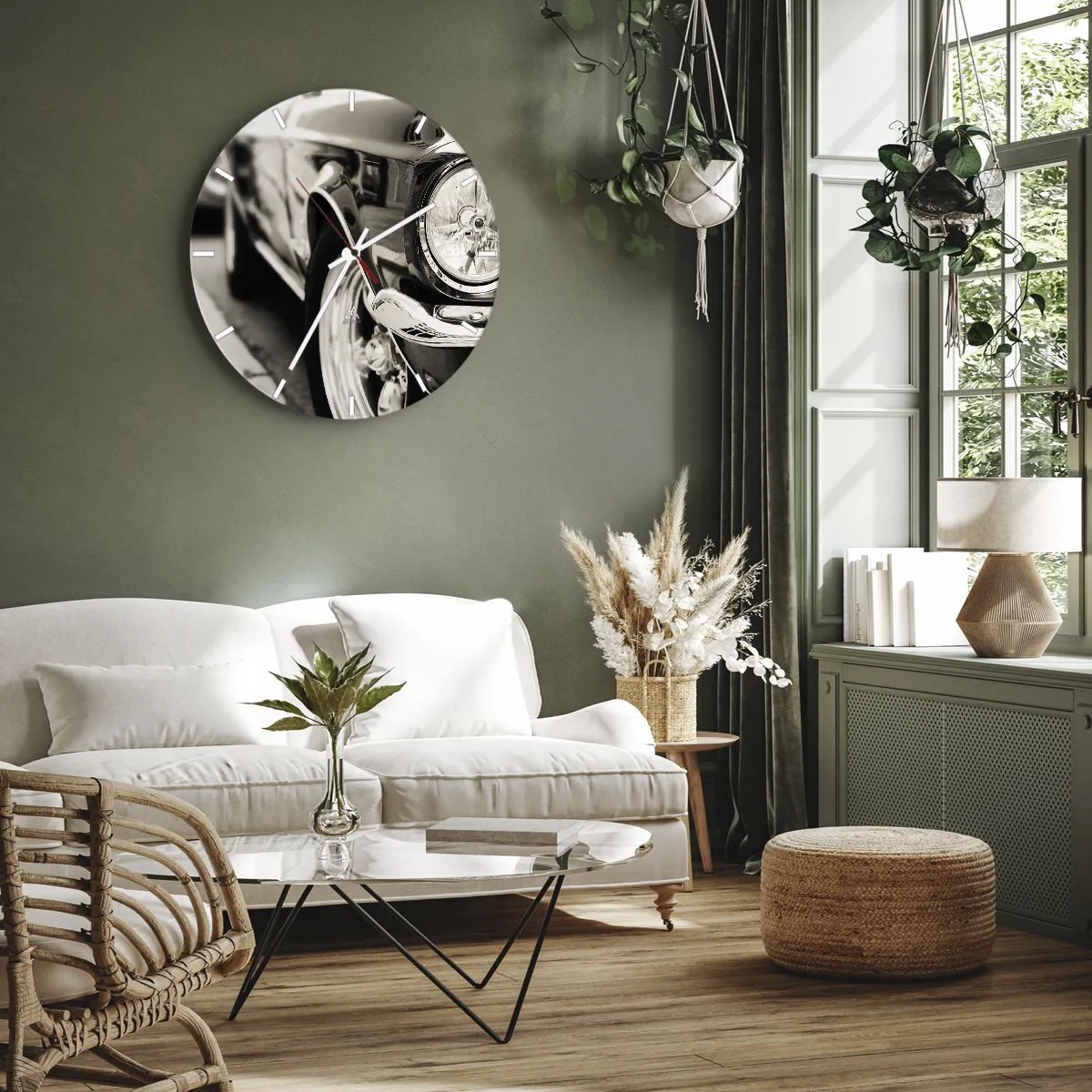 Wanduhr - Glasuhr - Nahaufnahme des Scheinwerfers eines Oldtimers - 30x30cm - Dauerhafter Glanz - Moderne Wanddekoration für Wohnzimmer, Küche und Schlafzimmer ARTTOR