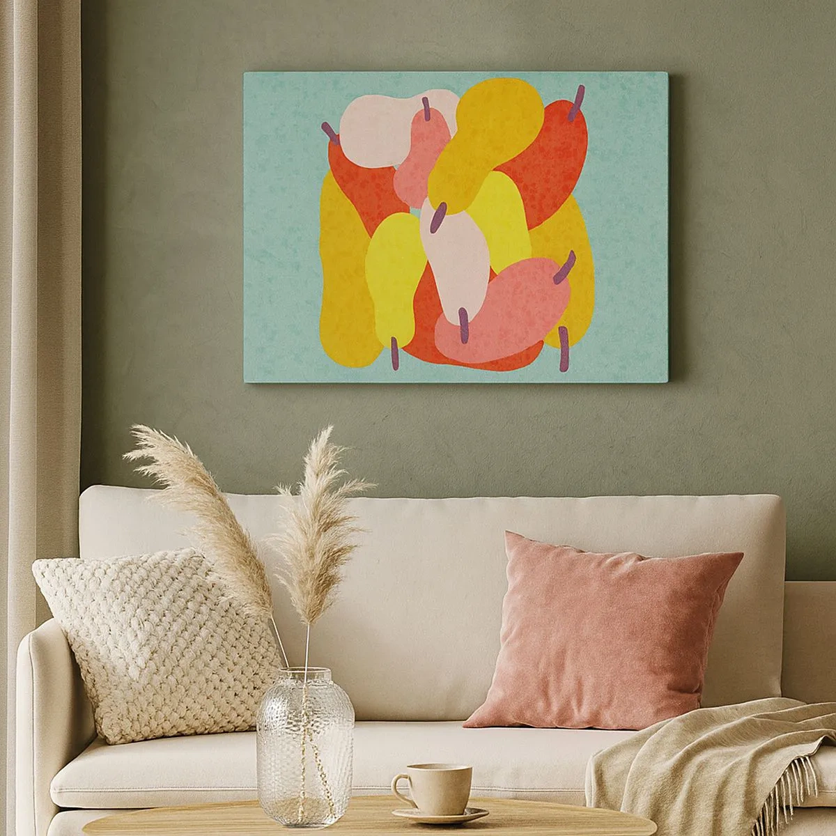 Bild auf Leinwand - Leinwandbild - Bunte abstrakte Birnen auf grünem Hintergrund - 70x50cm - Probieren Sie die Sommersonne - Moderne Wanddekoration für Wohnzimmer und Schlafzimmer ARTTOR