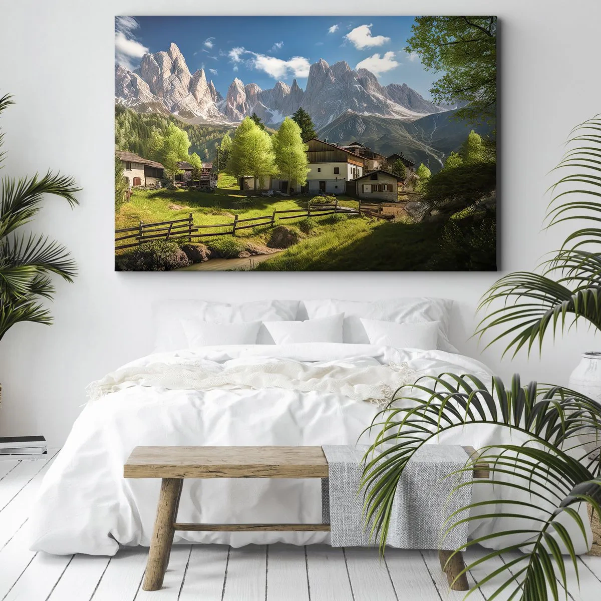 Bild auf Leinwand - Leinwandbild - Ein Bergdorf mit Häusern und Blick auf die Alpen - 70x50cm - Alpenidylle - Moderne Wanddekoration für Wohnzimmer und Schlafzimmer ARTTOR