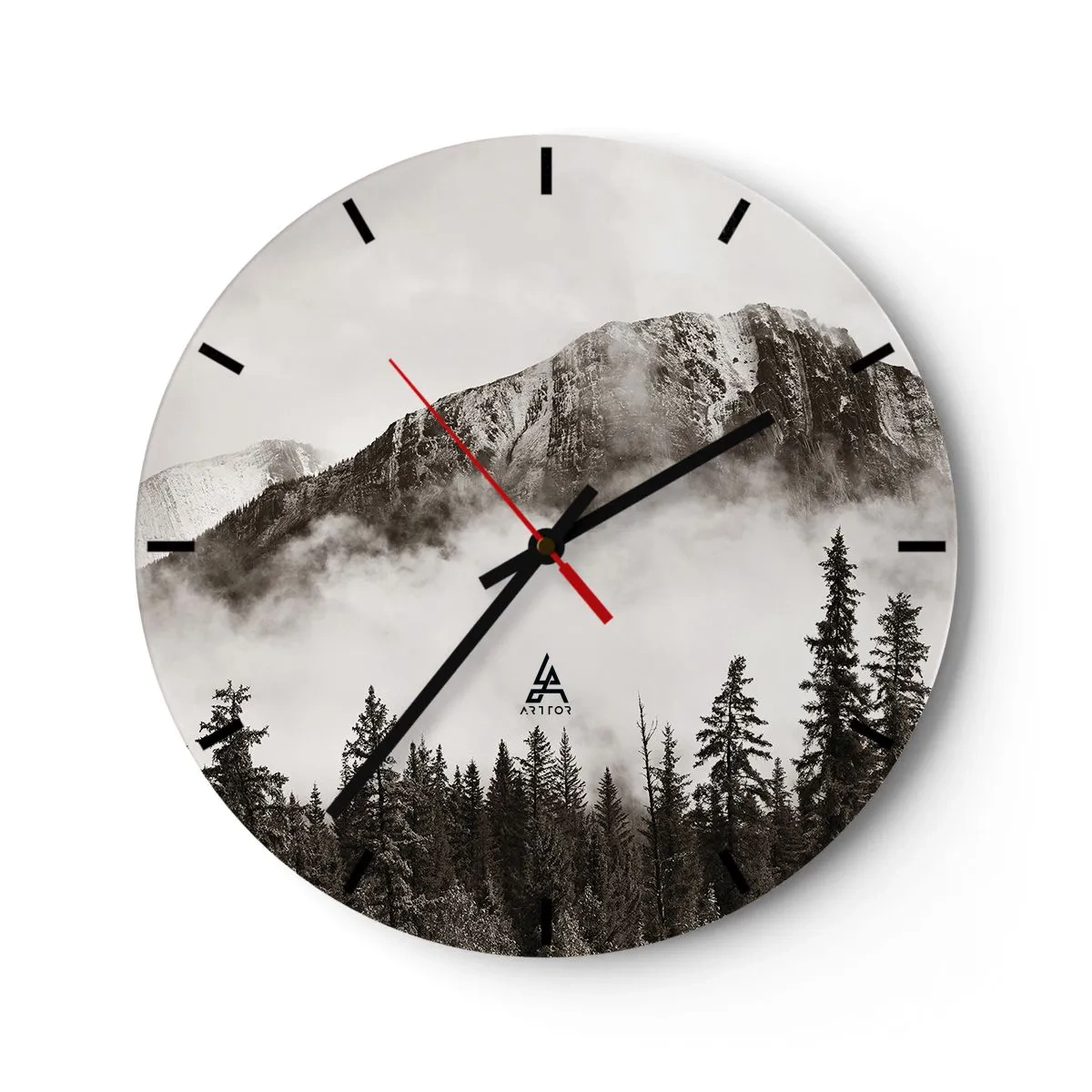 Wanduhr - Glasuhr - Berglandschaft mit Wald in nebliger Atmosphäre - 30x30cm - Lineal aus Granit - Moderne Wanddekoration für Wohnzimmer, Küche und Schlafzimmer ARTTOR
