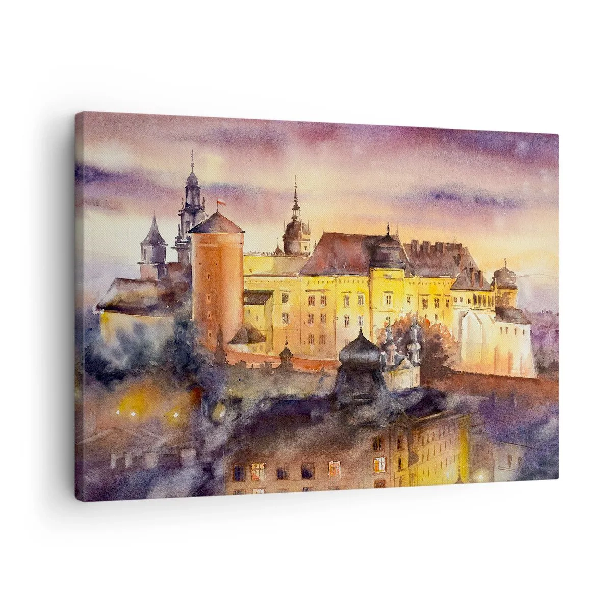 Bild auf Leinwand - Leinwandbild - Ein malerisches Aquarell einer Burg bei Sonnenuntergang - 70x50cm - Geschichte und Märchen - Moderne Wanddekoration für Wohnzimmer und Schlafzimmer ARTTOR