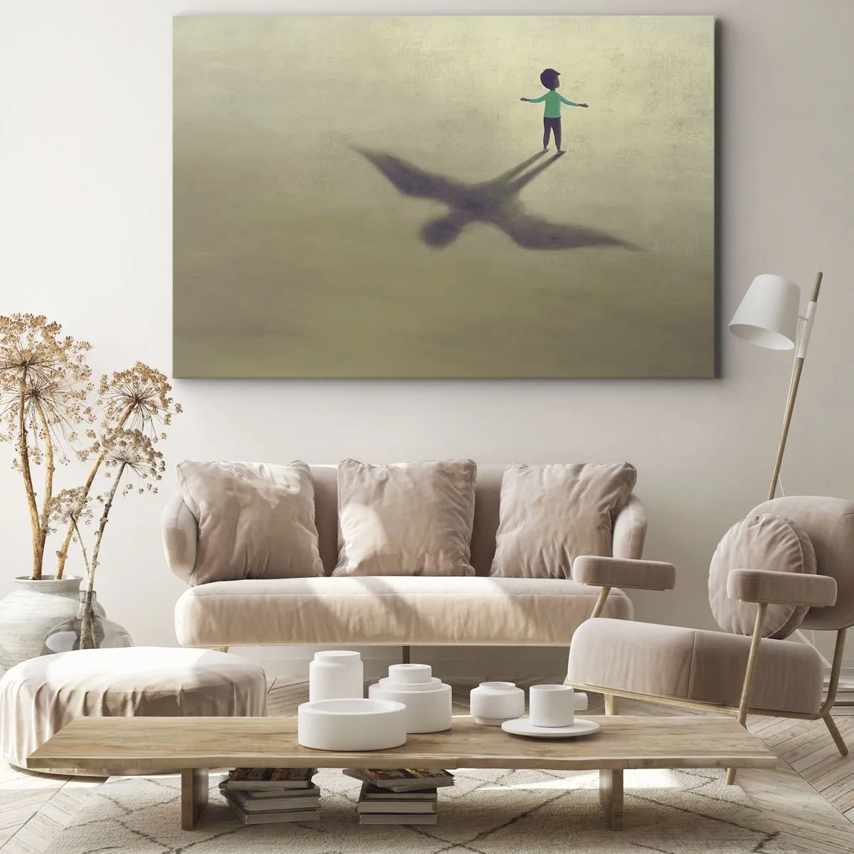 Bild auf Leinwand - Leinwandbild - Eine symbolische Figur eines Kindes mit dem Schatten eines Vogels vor einem Hintergrund in warmen Farbtönen. - 70x50cm - Der Held der Zukunft - Moderne Wanddekoration für Wohnzimmer und Schlafzimmer ARTTOR