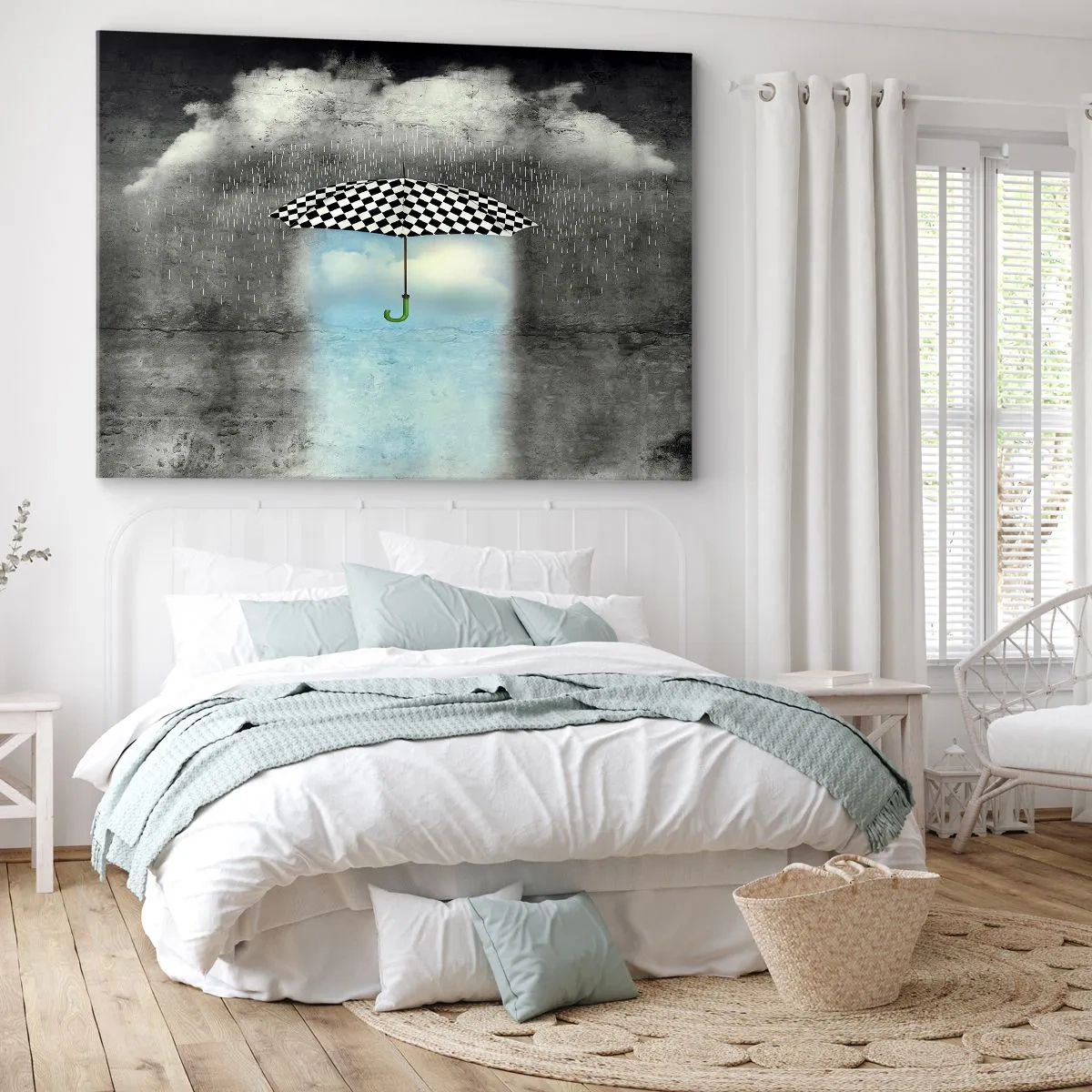 Bild auf Leinwand - Leinwandbild - Ein karierter Regenschirm über einer verregneten Landschaft - 70x50cm - Aber möglich - Moderne Wanddekoration für Wohnzimmer und Schlafzimmer ARTTOR