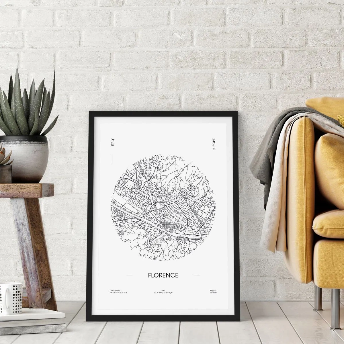 Poster in einem schwarzem Rahmen - Eine minimalistische Karte von Florenz in Schwarzweiß. - 50x70cm - Anatomie von Florenz - Moderne Wanddekoration für Wohnzimmer und Schlafzimmer ARTTOR