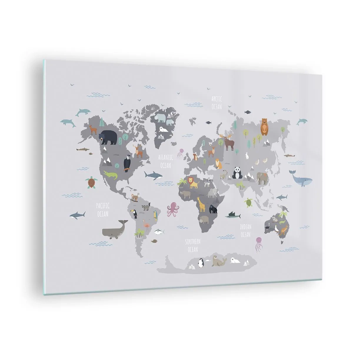 Glasbild - Bild auf glas - Illustrierte Weltkarte mit charakteristischen Tieren - 70x50cm - Sag mir wo du herkommst ... - Moderne Wanddekoration für Wohnzimmer und Schlafzimmer ARTTOR