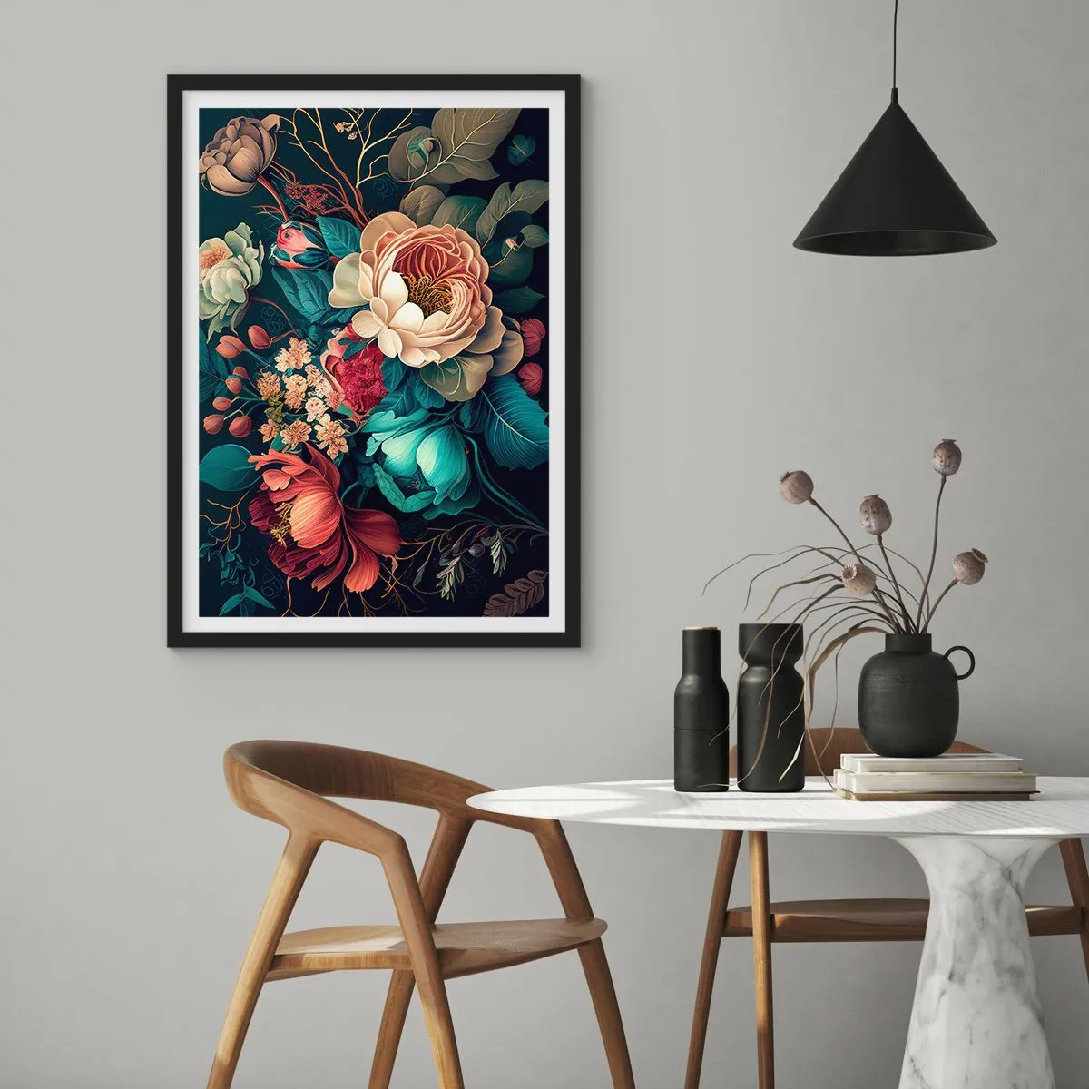 Poster in einem schwarzem Rahmen - Ein Blumenstrauß im Barockstil auf dunklem Hintergrund - 50x70cm - Charme des 19. Jahrhunderts - Moderne Wanddekoration für Wohnzimmer und Schlafzimmer ARTTOR
