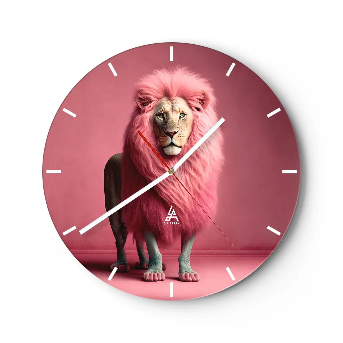 Wanduhr - Glasuhr - Ein Löwe mit einer intensiv rosa Mähne auf einem Hintergrund der gleichen Farbe - 30x30cm - Und du hast keine Angst mehr - Moderne Wanddekoration für Wohnzimmer, Küche und Schlafzimmer ARTTOR