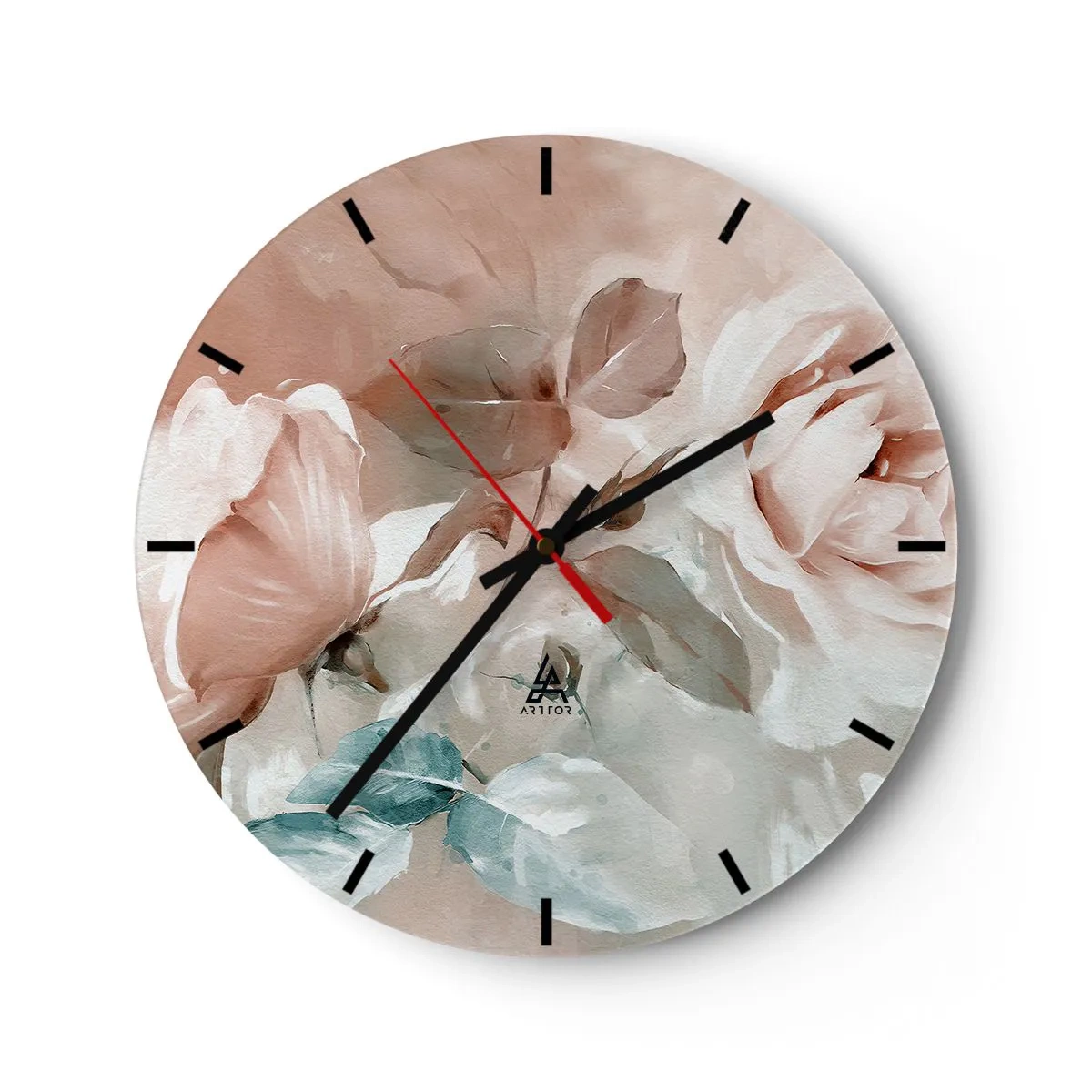 Wanduhr - Glasuhr - Zarte Blüten in Pastelltönen auf hellem Untergrund - 30x30cm - Geist der Romantik - Moderne Wanddekoration für Wohnzimmer, Küche und Schlafzimmer ARTTOR