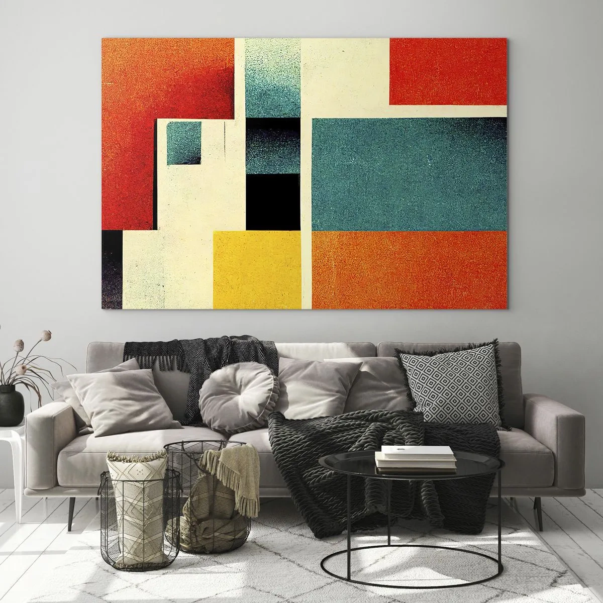 Glasbild - Bild auf glas - Bunte geometrische Rechtecke im Retro-Stil - 70x50cm - Geometrische Abstraktion – gute Energie - Moderne Wanddekoration für Wohnzimmer und Schlafzimmer ARTTOR