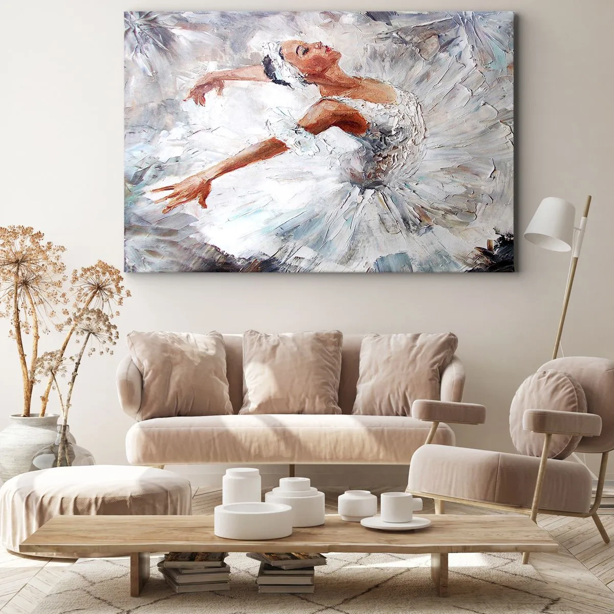 Bild auf Leinwand - Leinwandbild - Eine Ballerina in einem weißen Kleid tanzt - 70x50cm - Zart und leicht wie Tüll - Moderne Wanddekoration für Wohnzimmer und Schlafzimmer ARTTOR