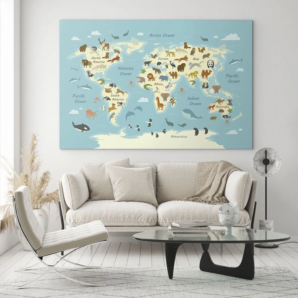Glasbild - Bild auf glas - Eine farbenfrohe Weltkarte mit Abbildungen von Tieren aus verschiedenen Kontinenten. - 70x50cm - Gute Nachbarn - Moderne Wanddekoration für Wohnzimmer und Schlafzimmer ARTTOR