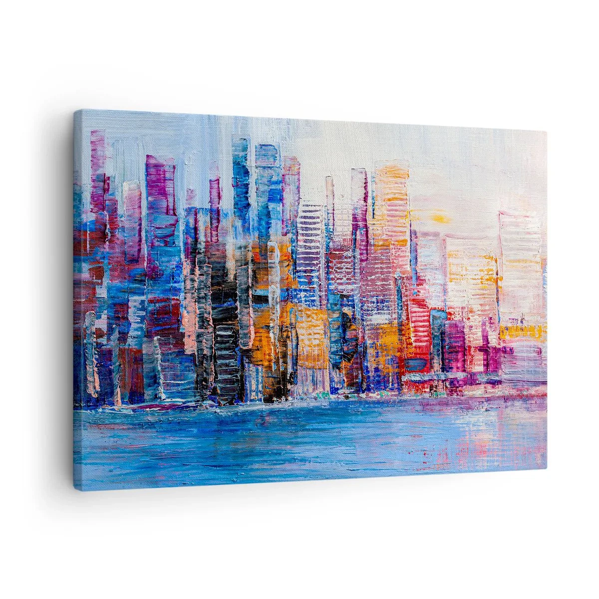 Bild auf Leinwand - Leinwandbild - Ein farbenfrohes Panorama der Stadt mit Spiegelungen auf dem Wasser - 70x50cm - Fröhliche Metropole - Moderne Wanddekoration für Wohnzimmer und Schlafzimmer ARTTOR
