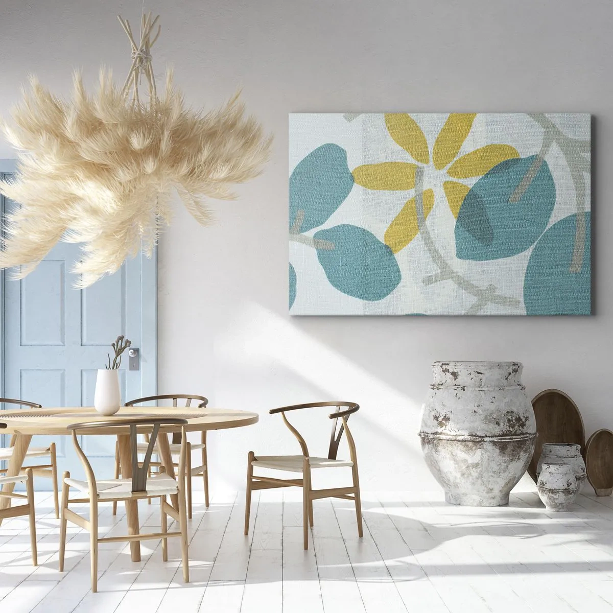 Bild auf Leinwand - Leinwandbild - Blätter in Türkis- und Gelbtönen auf hellem Hintergrund - 70x50cm - Unter den azurblauen Blättern - Moderne Wanddekoration für Wohnzimmer und Schlafzimmer ARTTOR