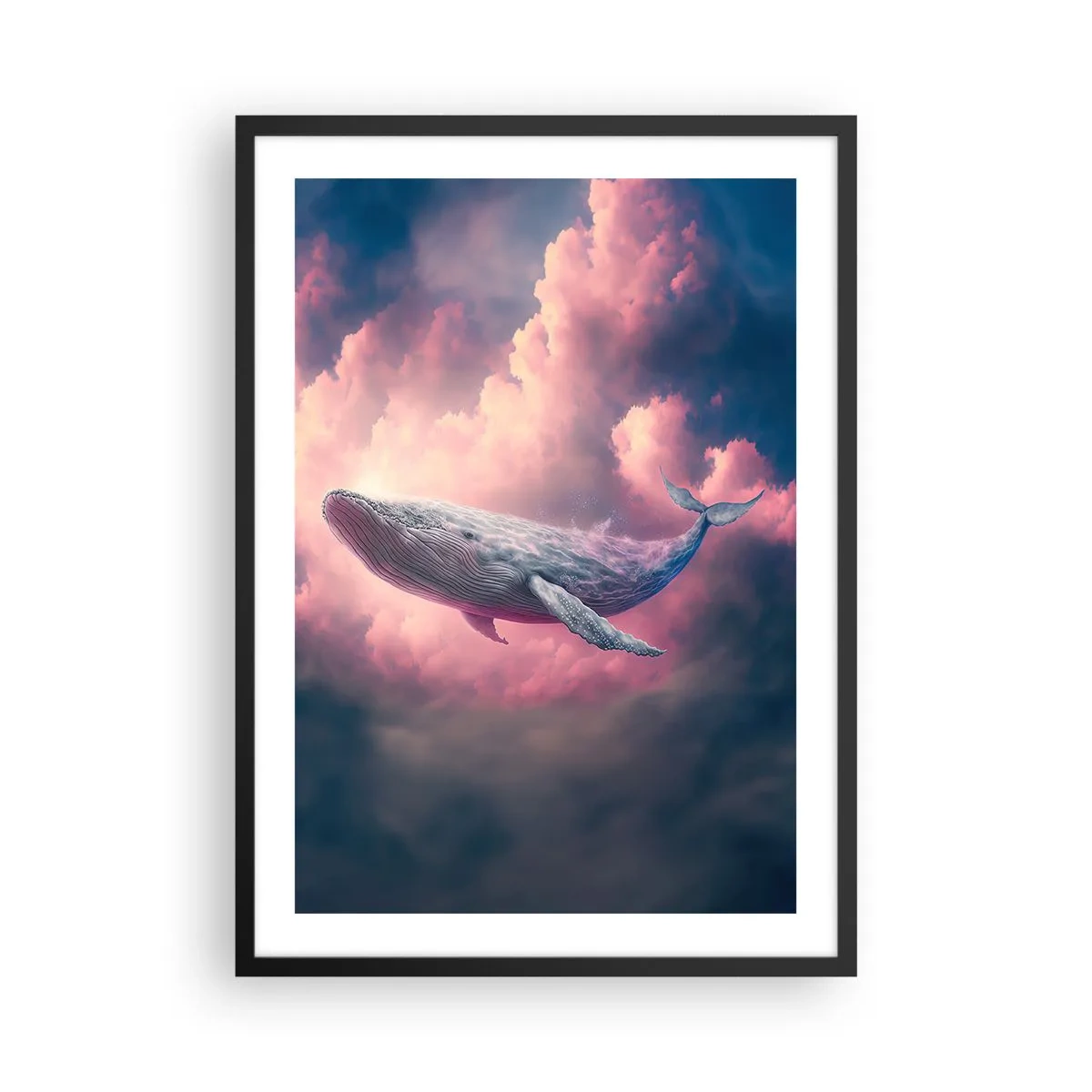 Poster in einem schwarzem Rahmen - Ein Wal fliegt bei Sonnenuntergang zwischen rosa Wolken. - 50x70cm - Reibe deine Augen - Moderne Wanddekoration für Wohnzimmer und Schlafzimmer ARTTOR