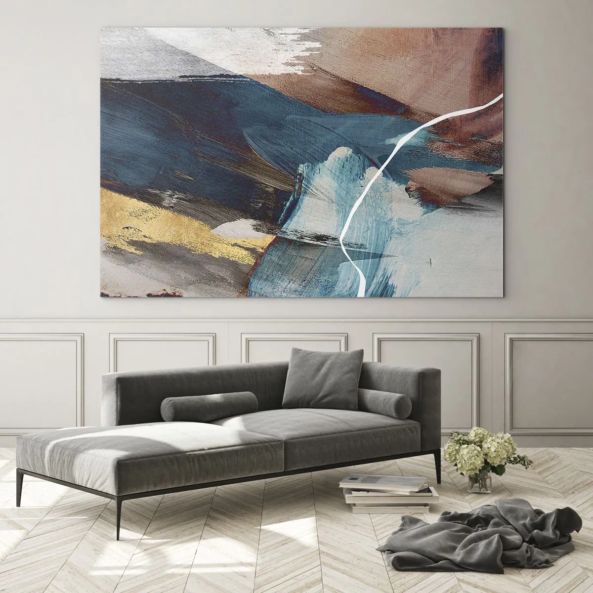 Glasbild - Bild auf glas - Eine abstrakte Komposition in Türkis, Gold und Braun. - 70x50cm - Großzügig und mit Energie - Moderne Wanddekoration für Wohnzimmer und Schlafzimmer ARTTOR