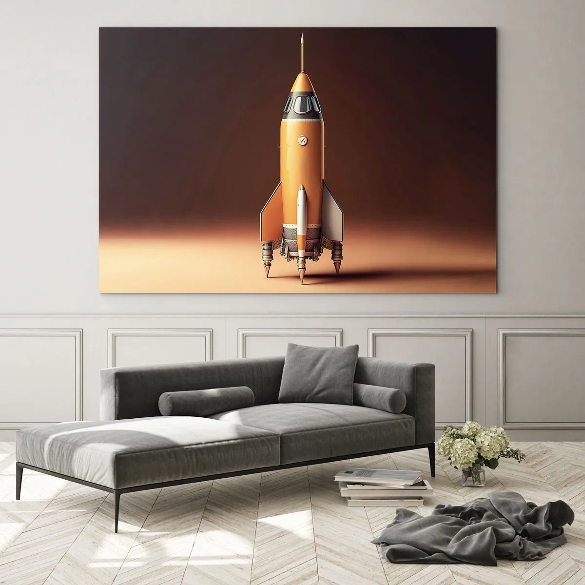 Glasbild - Bild auf glas - Eine orangefarbene Rakete vor einem sanften hellen Hintergrund - 70x50cm - Es beginnt mit einem Traum - Moderne Wanddekoration für Wohnzimmer und Schlafzimmer ARTTOR