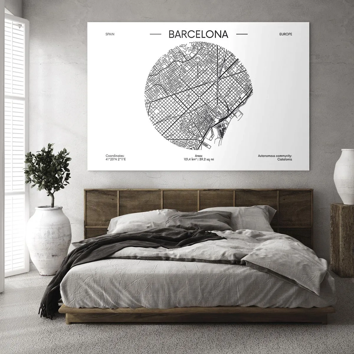 Glasbild - Bild auf glas - Eine minimalistische Karte von Barcelona in Schwarz-Weiß-Ästhetik - 70x50cm - Anatomie von Barcelona - Moderne Wanddekoration für Wohnzimmer und Schlafzimmer ARTTOR