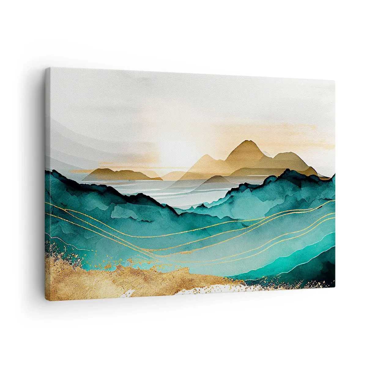 Bild auf Leinwand - Leinwandbild - Abstrakte Landschaft mit Bergen und goldenen Akzenten - 70x50cm - Am Rande der Abstraktion – Landschaft - Moderne Wanddekoration für Wohnzimmer und Schlafzimmer ARTTOR