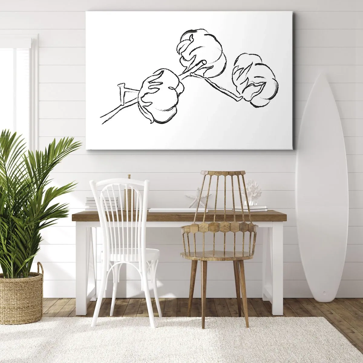 Bild auf Leinwand - Leinwandbild - Ein zarter Umriss eines Baumwollzweigs auf weißem Hintergrund - 70x50cm - Baumwolldaunen - Moderne Wanddekoration für Wohnzimmer und Schlafzimmer ARTTOR