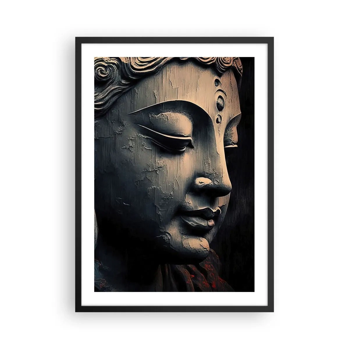 Poster in einem schwarzem Rahmen - Nahaufnahme einer Buddha-Skulptur in warmem Licht - 50x70cm - Im Einklang mit der Welt - Moderne Wanddekoration für Wohnzimmer und Schlafzimmer ARTTOR