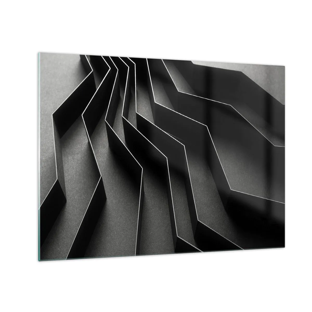 Glasbild - Bild auf glas - Schwarze geometrische Formen mit Tiefe und Helldunkel - 70x50cm - Räumliche Ordnung - Moderne Wanddekoration für Wohnzimmer und Schlafzimmer ARTTOR