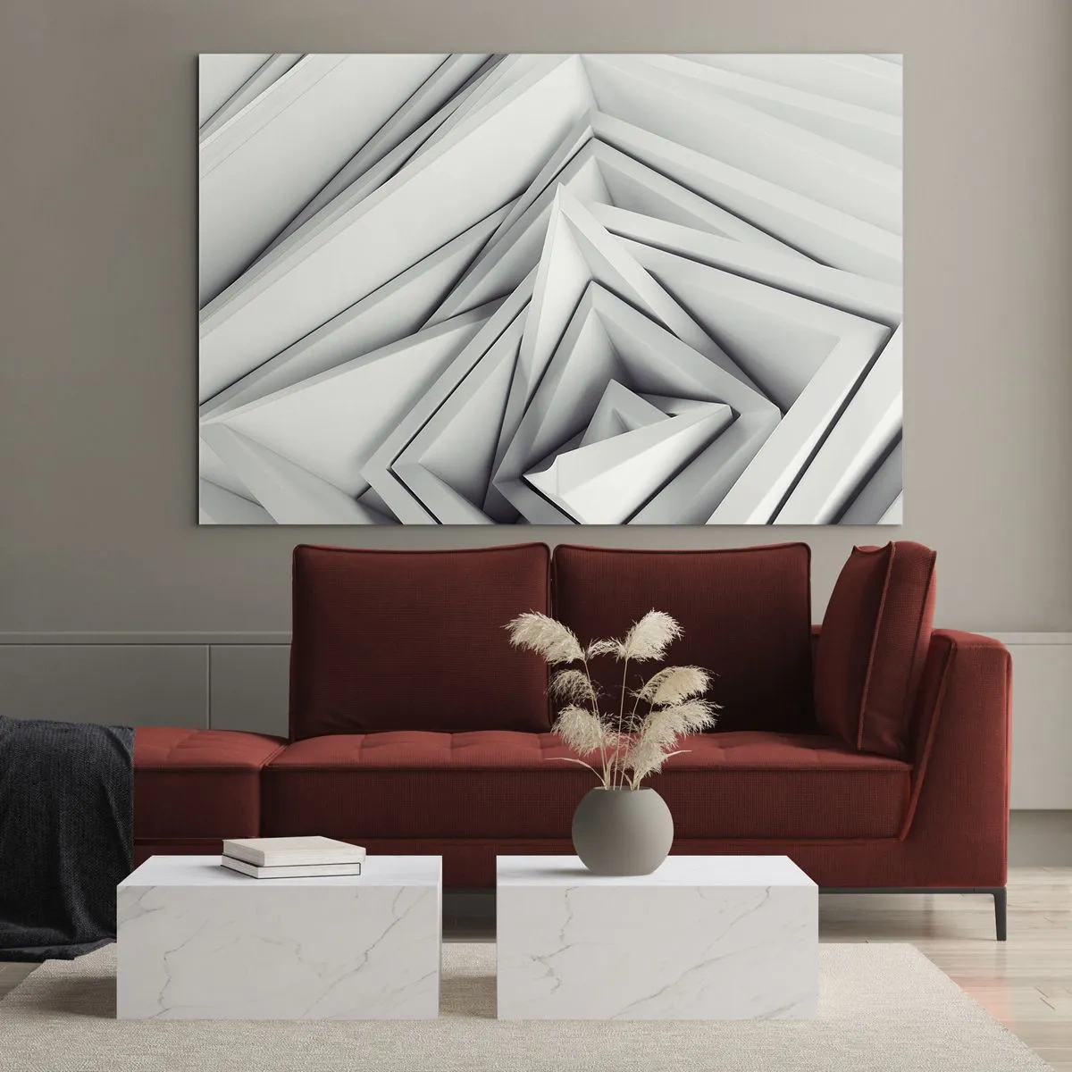 Glasbild - Bild auf glas - Dreidimensionale geometrische Formen in Grautönen - 70x50cm - Spitzwinklige Knospen - Moderne Wanddekoration für Wohnzimmer und Schlafzimmer ARTTOR