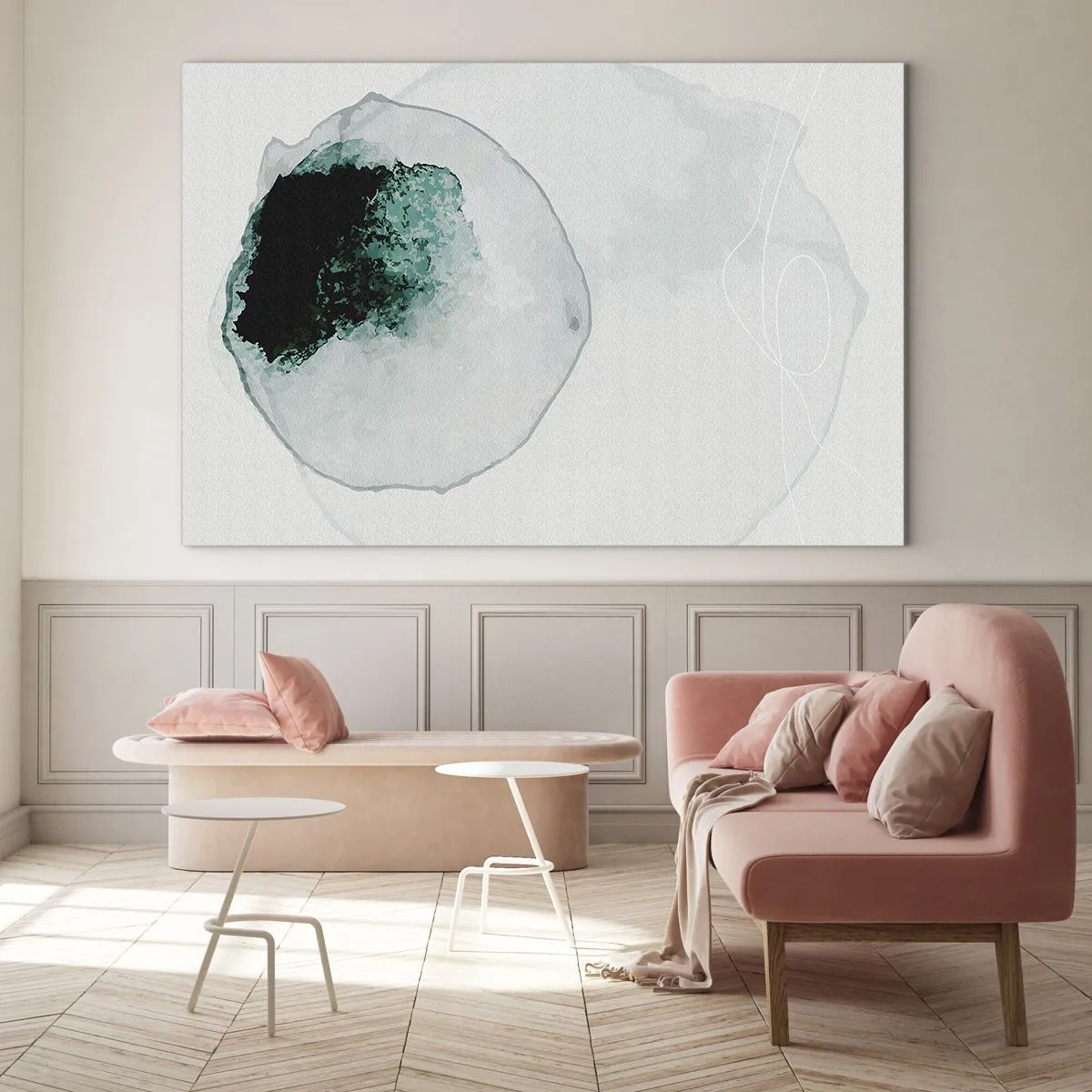 Glasbild - Bild auf glas - Eine abstrakte Form, die einem Wassertropfen in Grüntönen ähnelt. - 70x50cm - In einem Tropfen Wasser - Moderne Wanddekoration für Wohnzimmer und Schlafzimmer ARTTOR