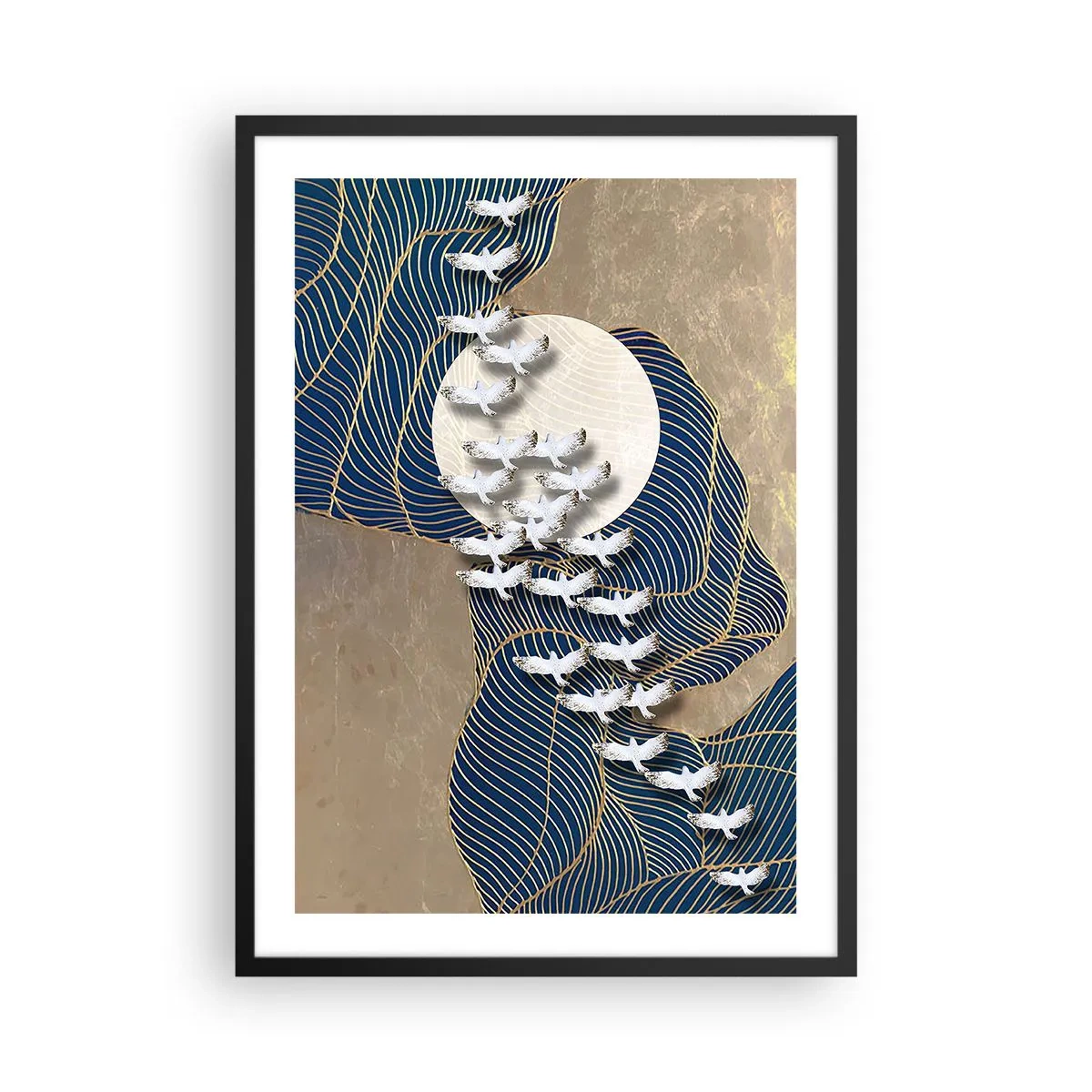 Poster in einem schwarzem Rahmen - Abstrakte Komposition mit Vögeln und dem Mond in goldenen Tönen - 50x70cm - Freiheit, Wandern, Gemeinschaft - Moderne Wanddekoration für Wohnzimmer und Schlafzimmer ARTTOR