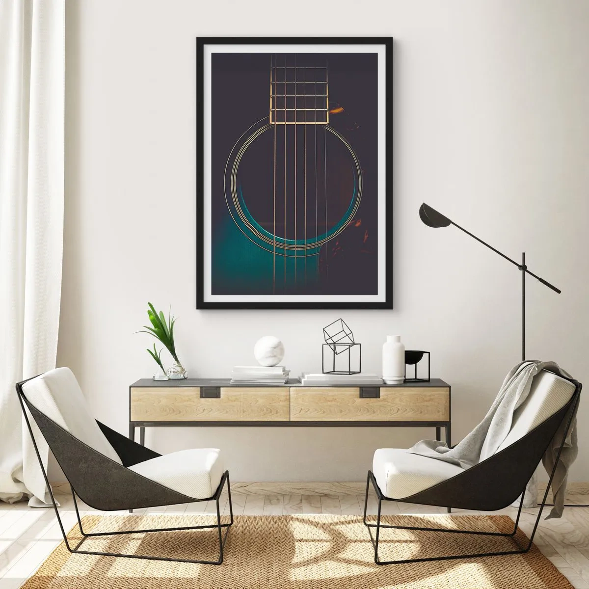 Poster in einem schwarzem Rahmen - Eine künstlerische Nahaufnahme der Resonanzdecke einer Akustikgitarre. - 50x70cm - Einen Moment bevor es ertönt - Moderne Wanddekoration für Wohnzimmer und Schlafzimmer ARTTOR
